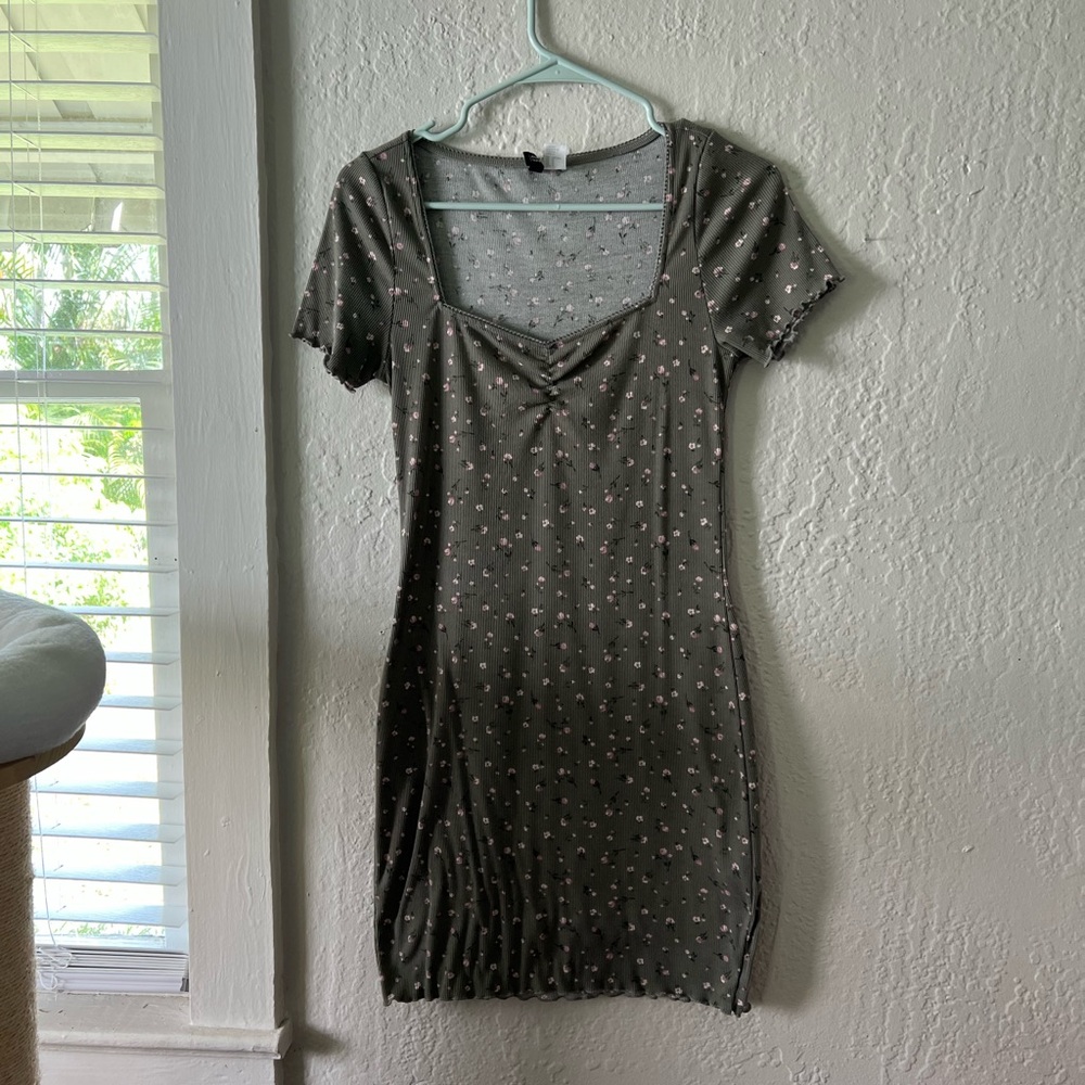 H&M Green Dress with Pink Floral Design